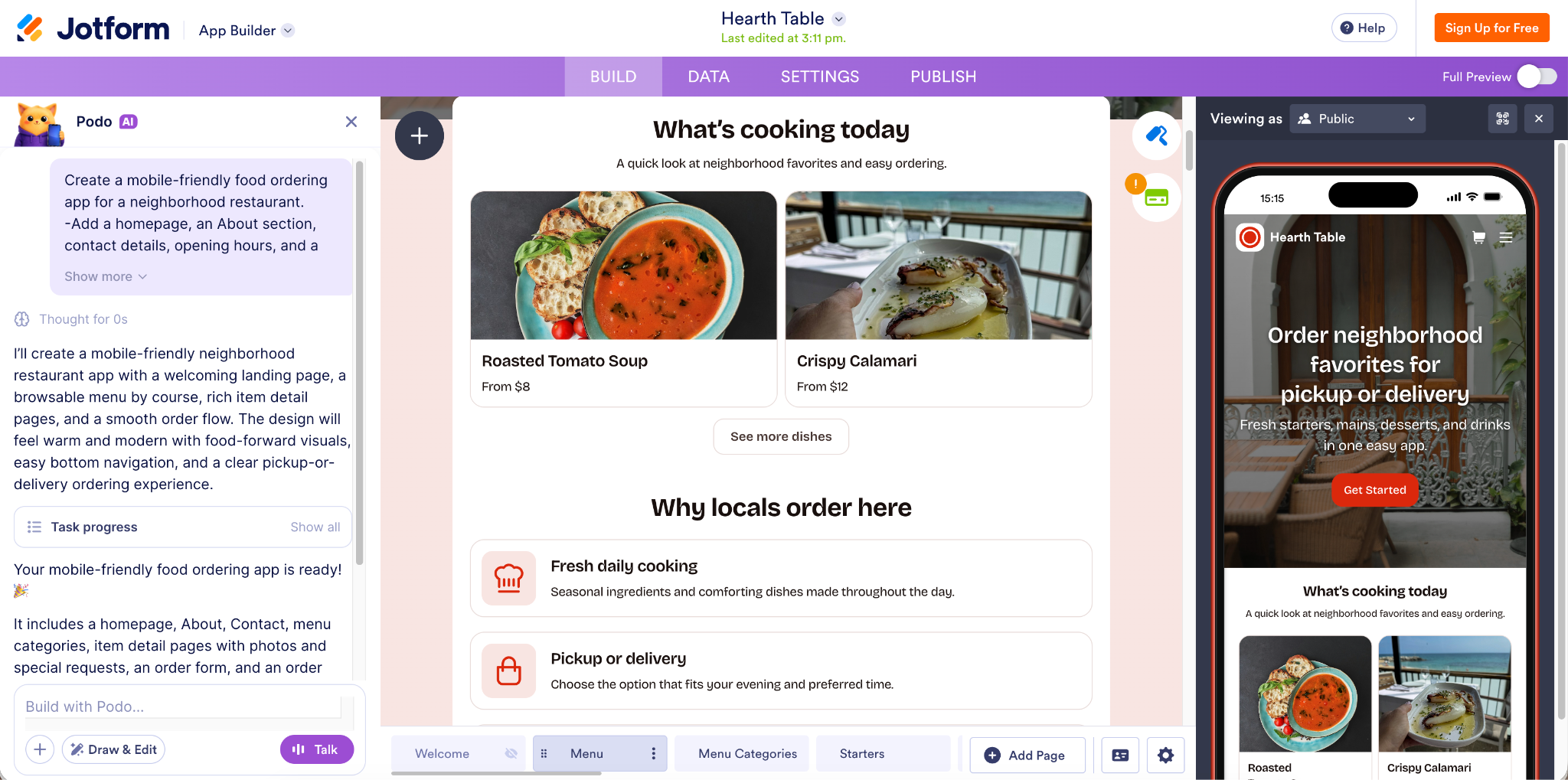 Jotform App Builder workspace displaying a restaurant ordering app, with AI chat, visual editor, and mobile preview panels