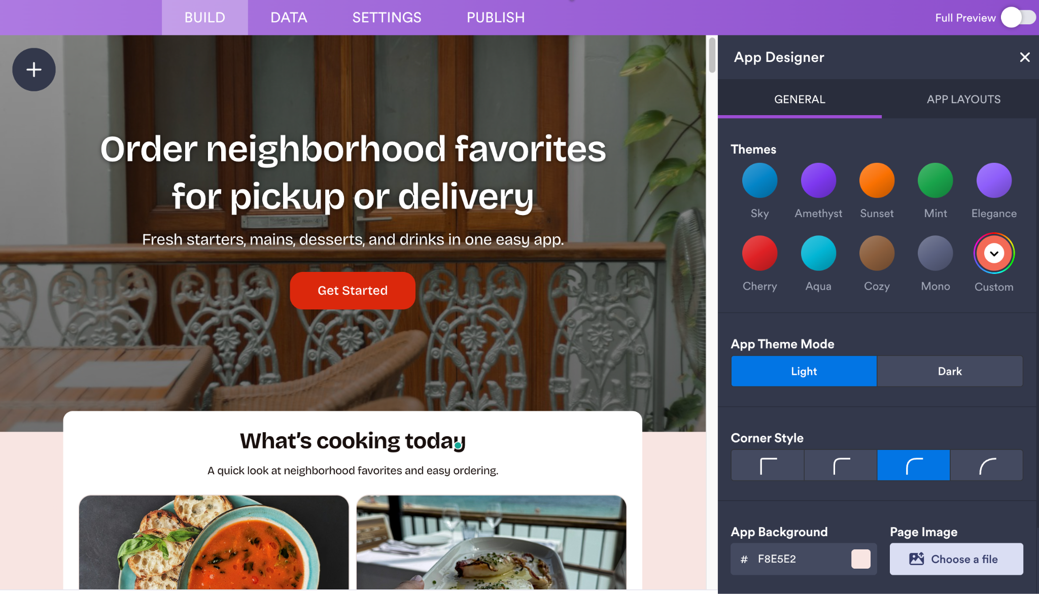 Jotform App Designer showing theme, color, display mode, corner style, and background customization options