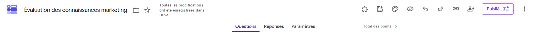 Capture d'image du menu supérieur pour modifier un formulaire Google Forms