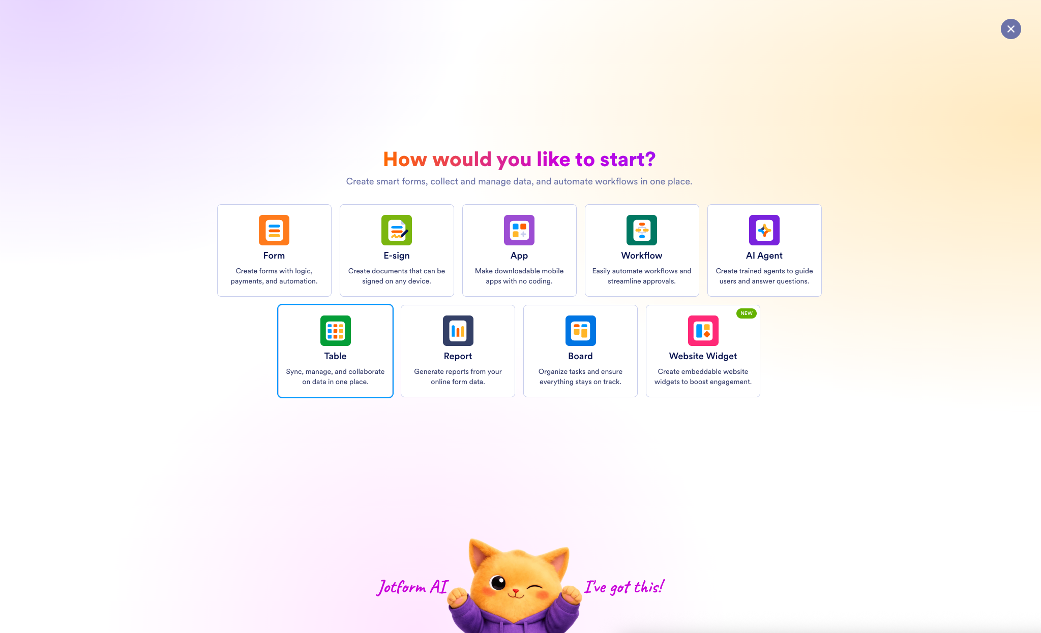 Selecing the Table option from the Workspace dashboard