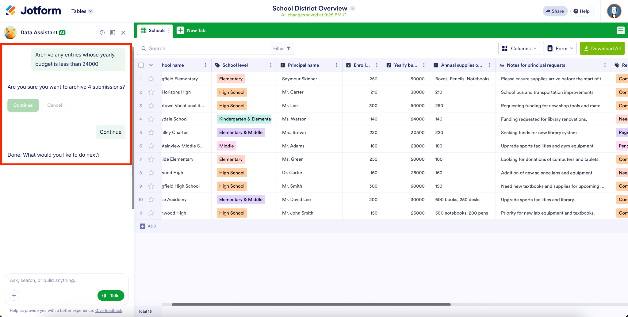 Entering the prompt to archive the entries whose yearly budget is less than 24000 in Jotform AI Data Assistant inside Jotform Tables