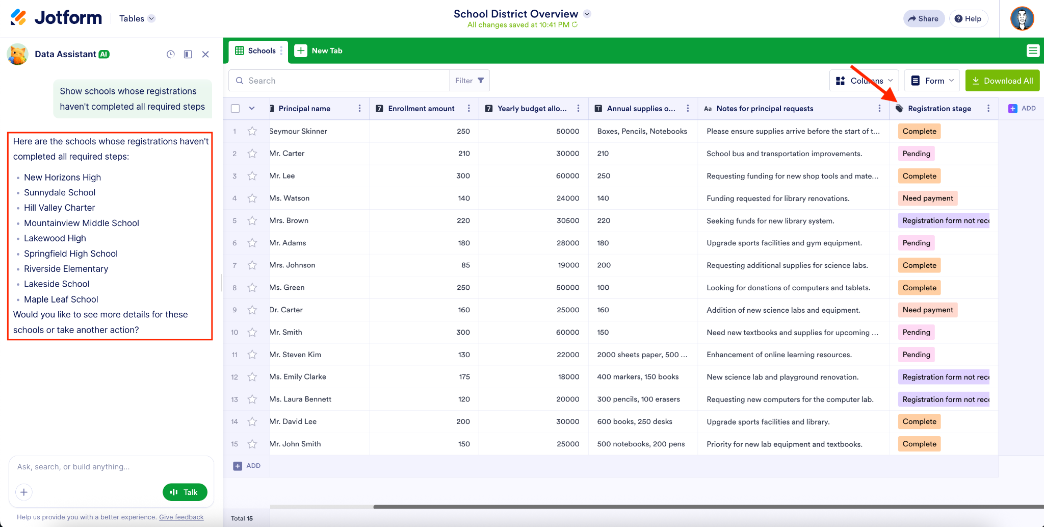 Viewing the Data Assistant window in Jotform Tables, identifying incomplete registrations