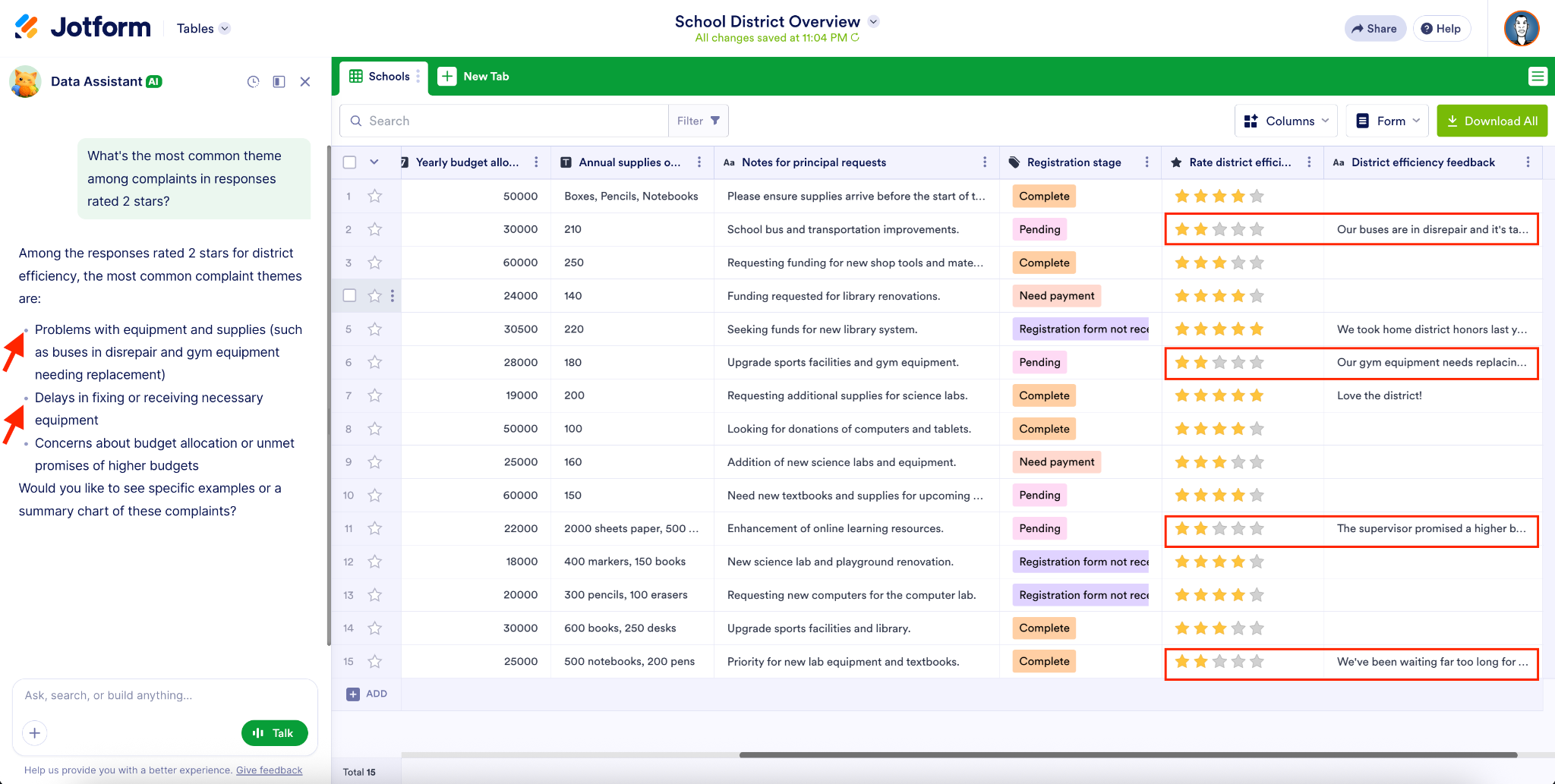 Analyzing feedback in Jotform Tables with the Jotform AI Data Assistant