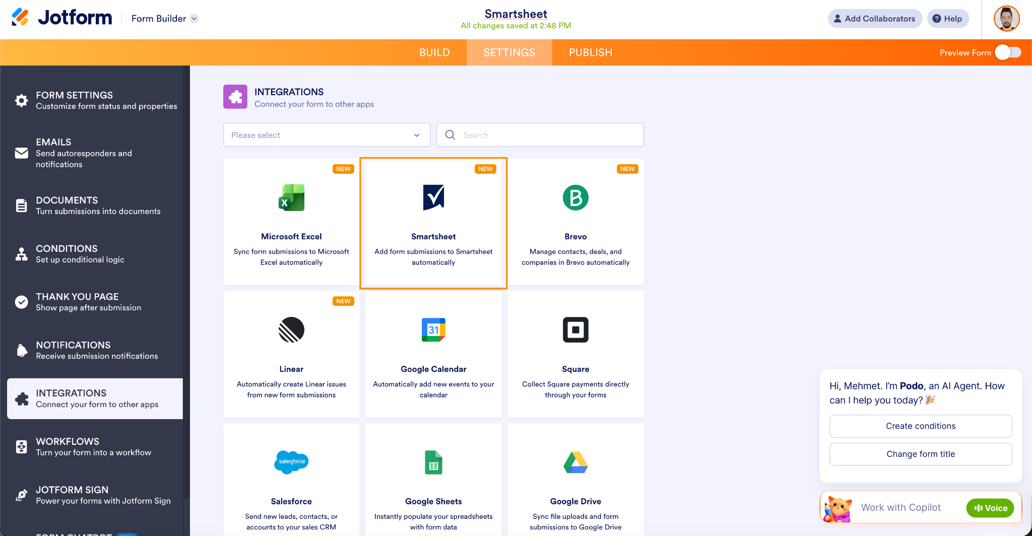 Selecing the Smartsheet option from the Integrations tab