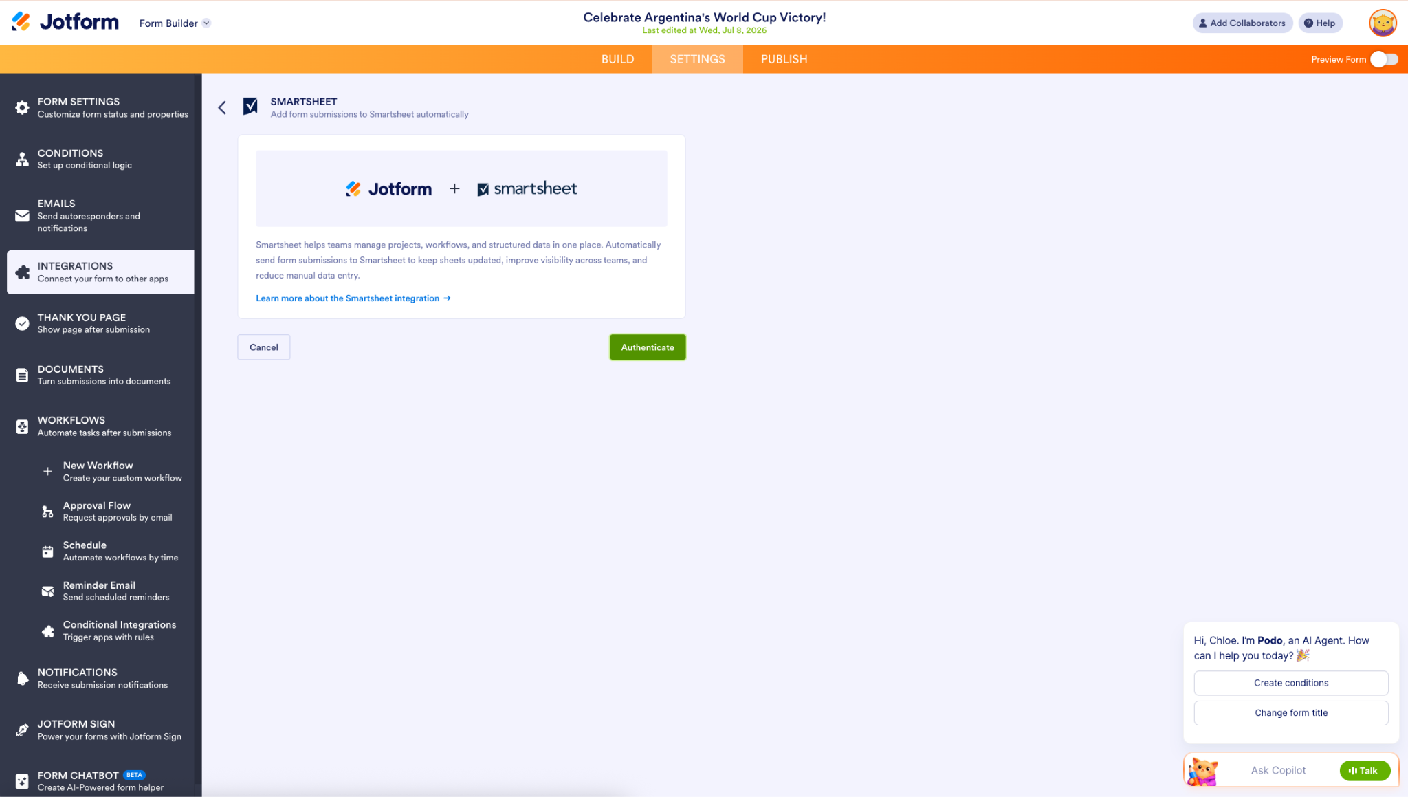 Clicking on the Authenticate button to log in to Smartsheet