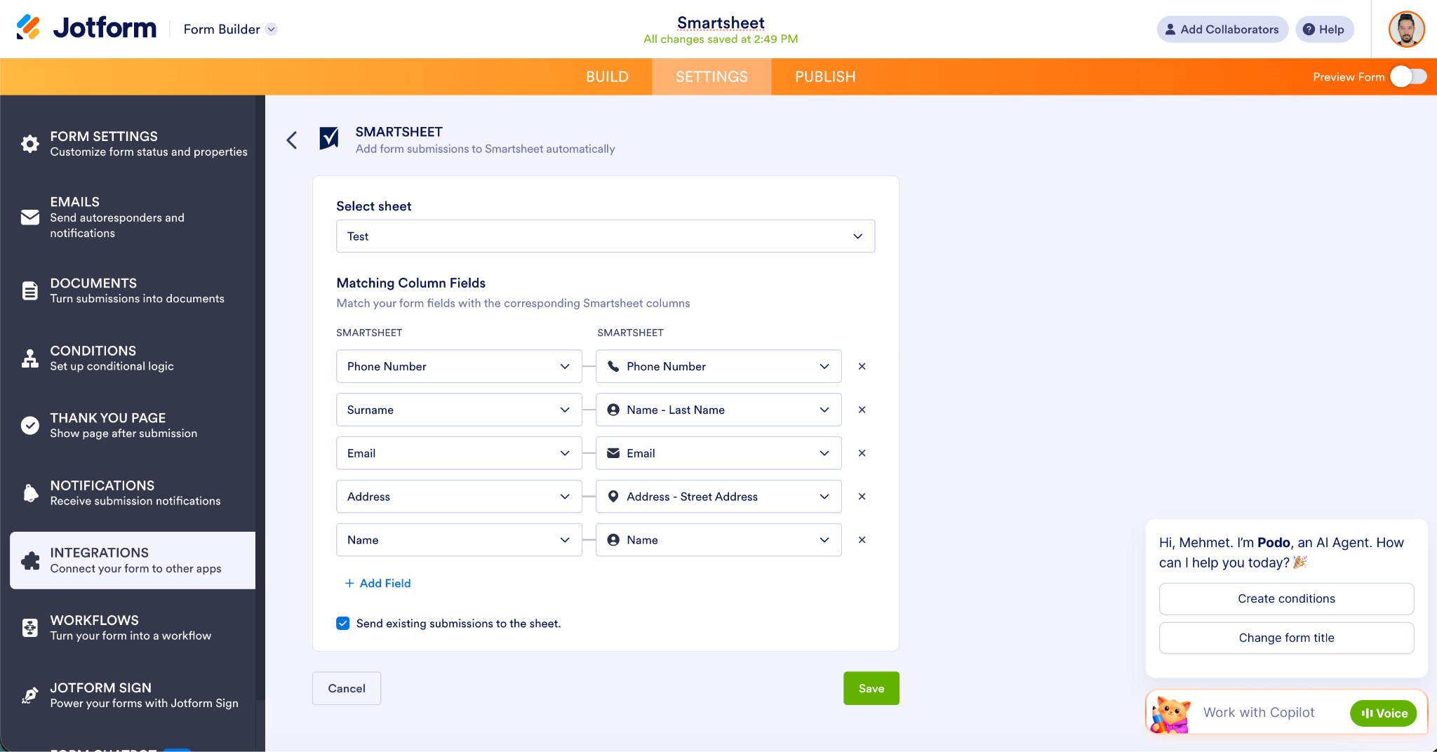 Matching the Column Fields in the Smartsheet integration settings
