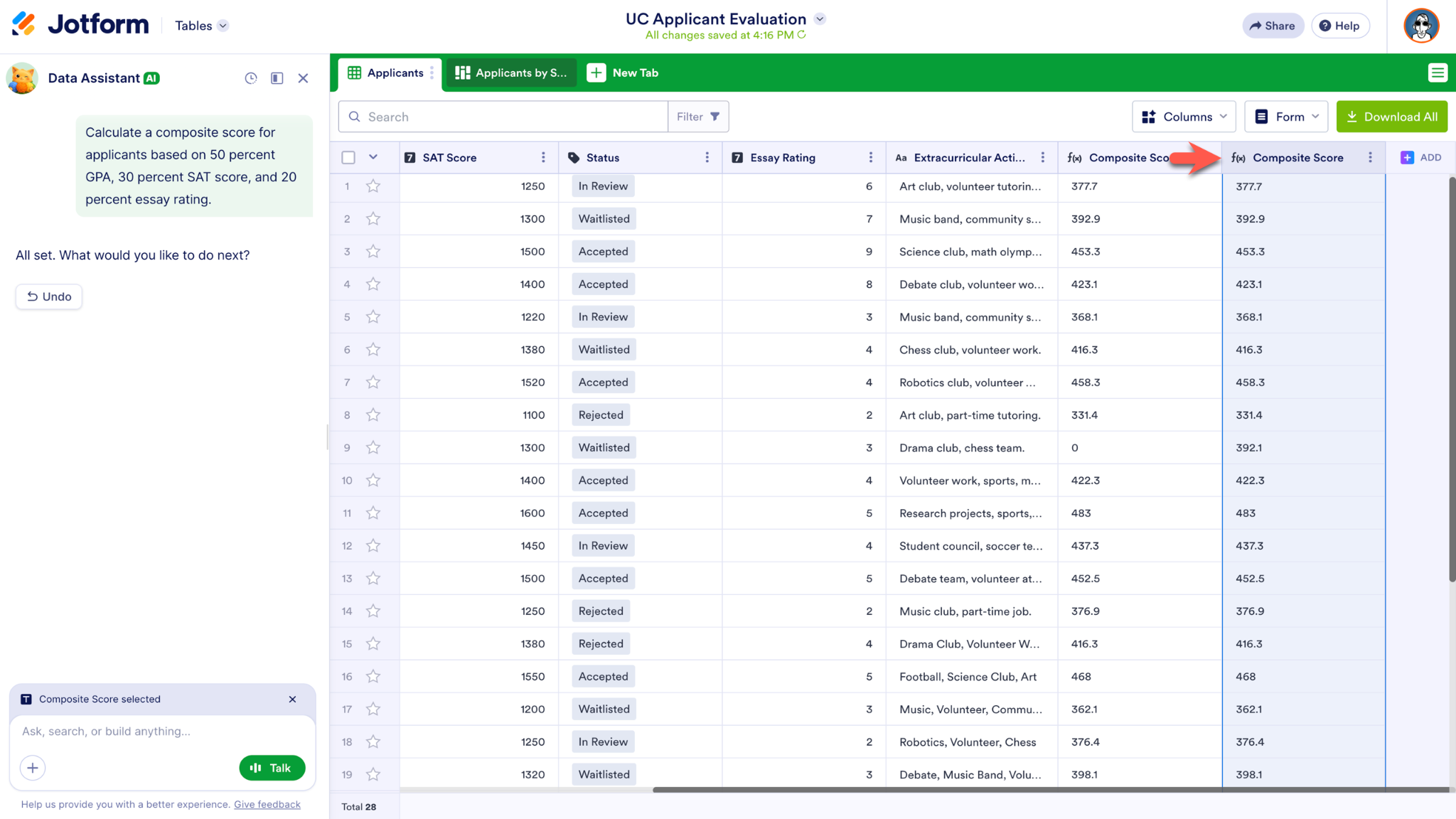 Viewing the Composite Score tab dynamically shifting in Jotform Tables