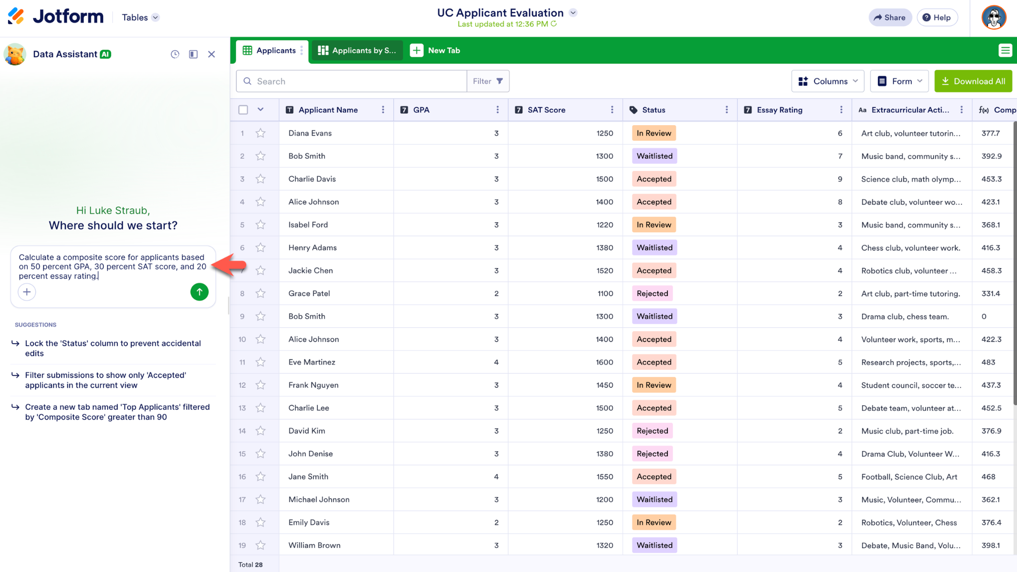 Entering a prompt inside the Data Assistant in Jotform Tables 