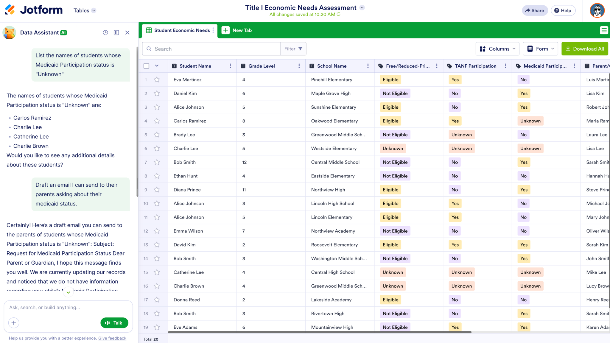 Asking questions to the Data Assistant to larn more about the collected data in Jotform Tables
