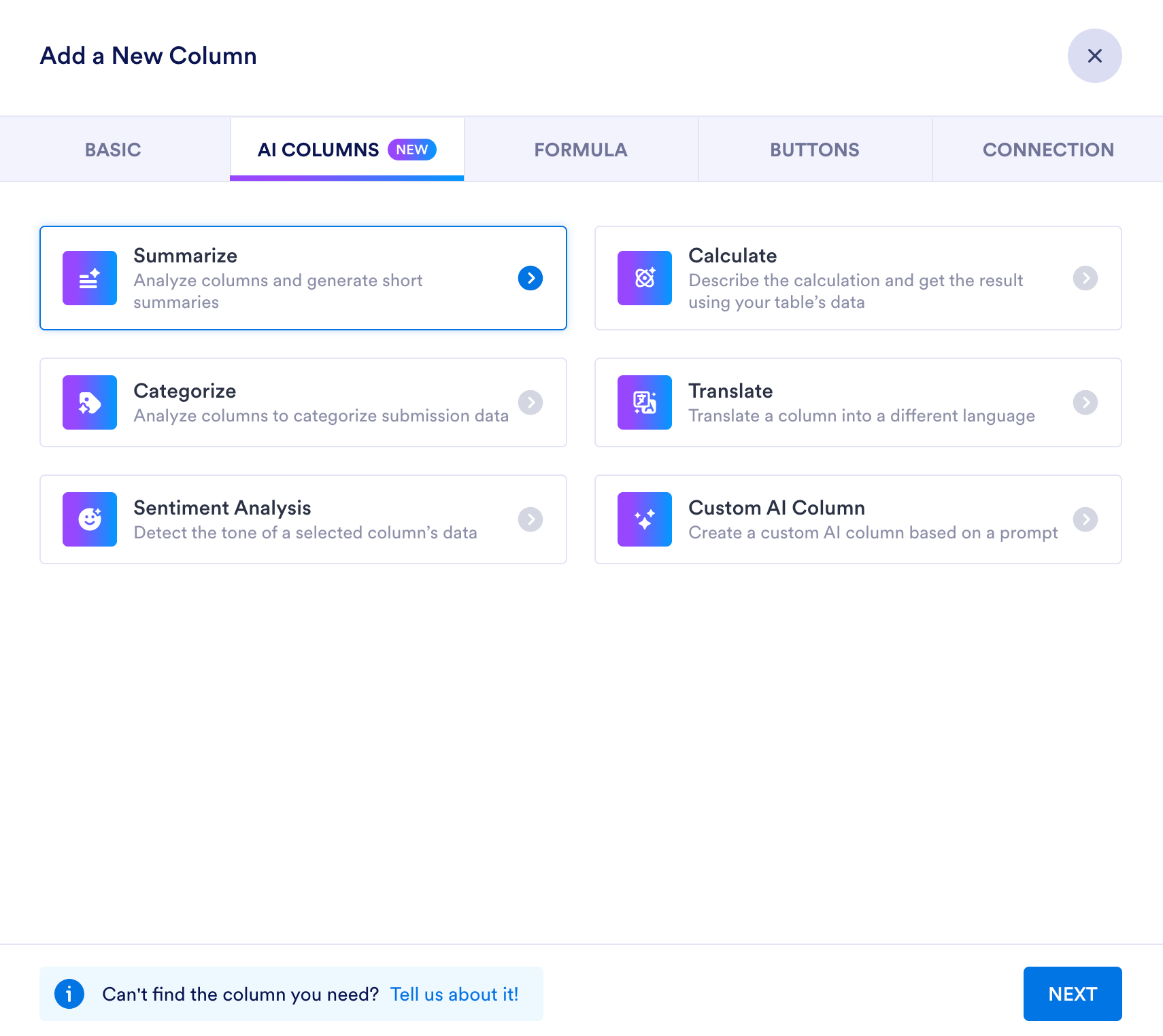 Viewing options under the AI Columns, the Summarize, Calculate, Categorize, Translate, Sentiment Analysis and Custom AI Column options
