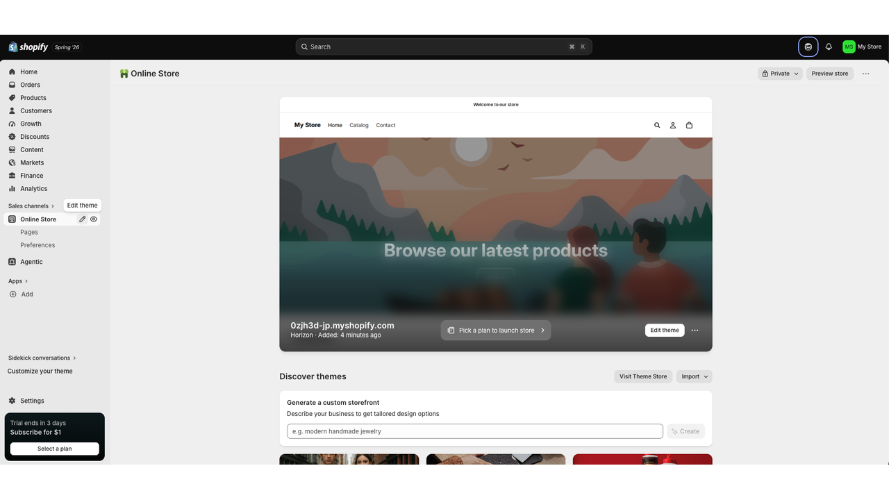 Shopify Online Store dashboard displaying the current storefront preview, theme management options, and a Discover Themes section with AI-generated storefront suggestions