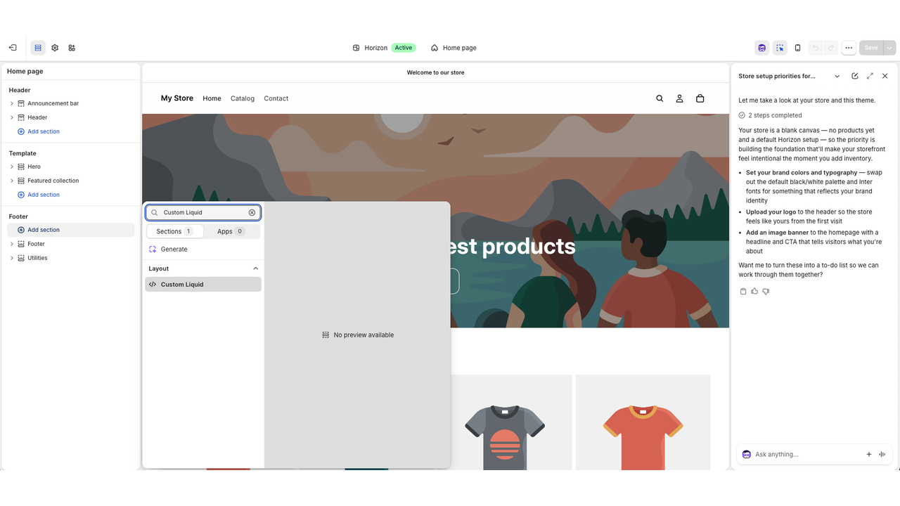 Shopify theme editor showing the Home page with the Add Section panel open, searching for a Custom Liquid section while an AI setup assistant provides store customization recommendations