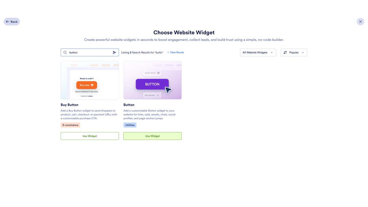 Jotform Website Widget gallery filtered for "button," showing Buy Button and Button widget options, each with a preview card and a "Use Widget" button
