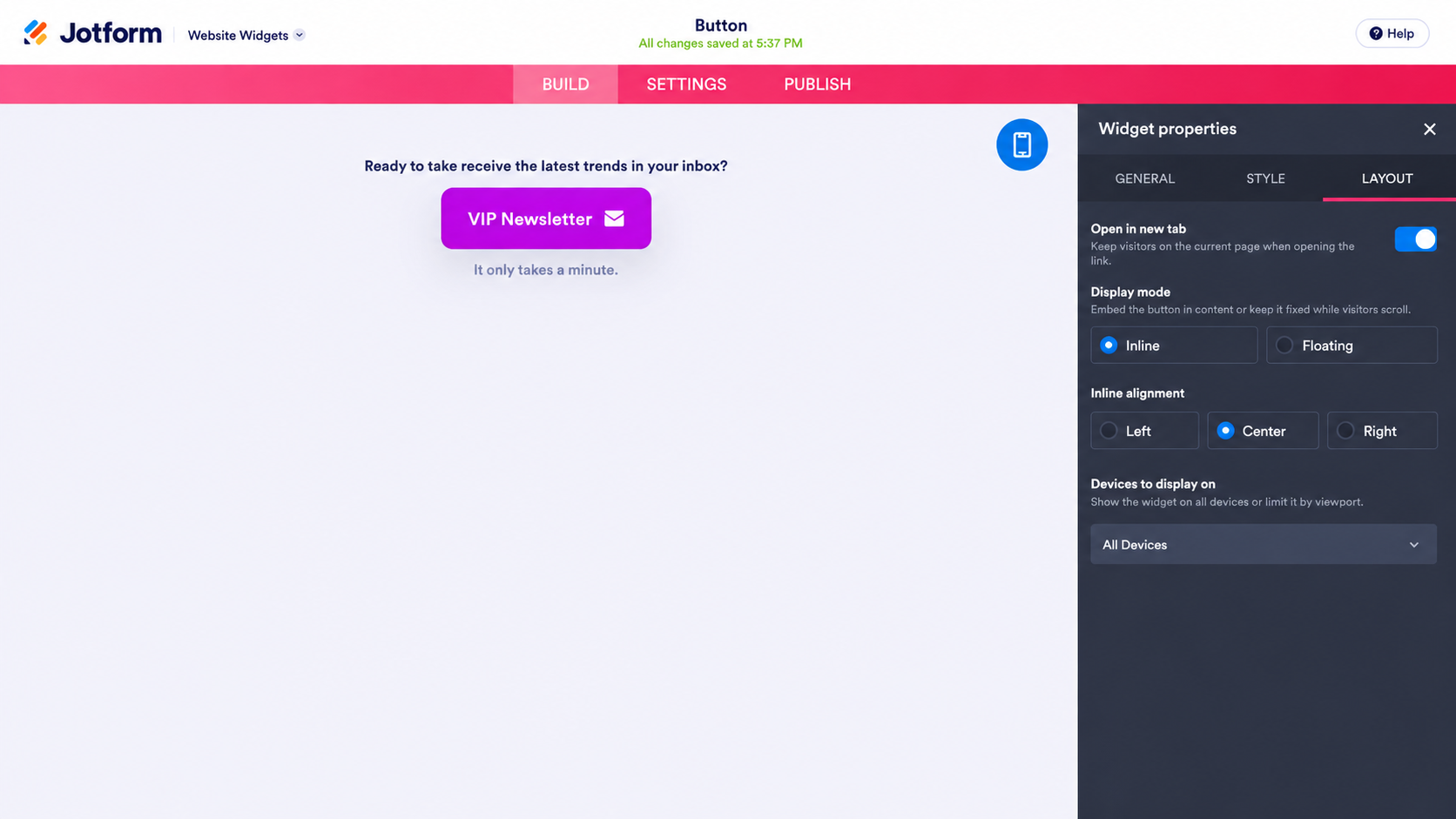 Jotform Website Widgets editor displaying the button widget's Layout settings