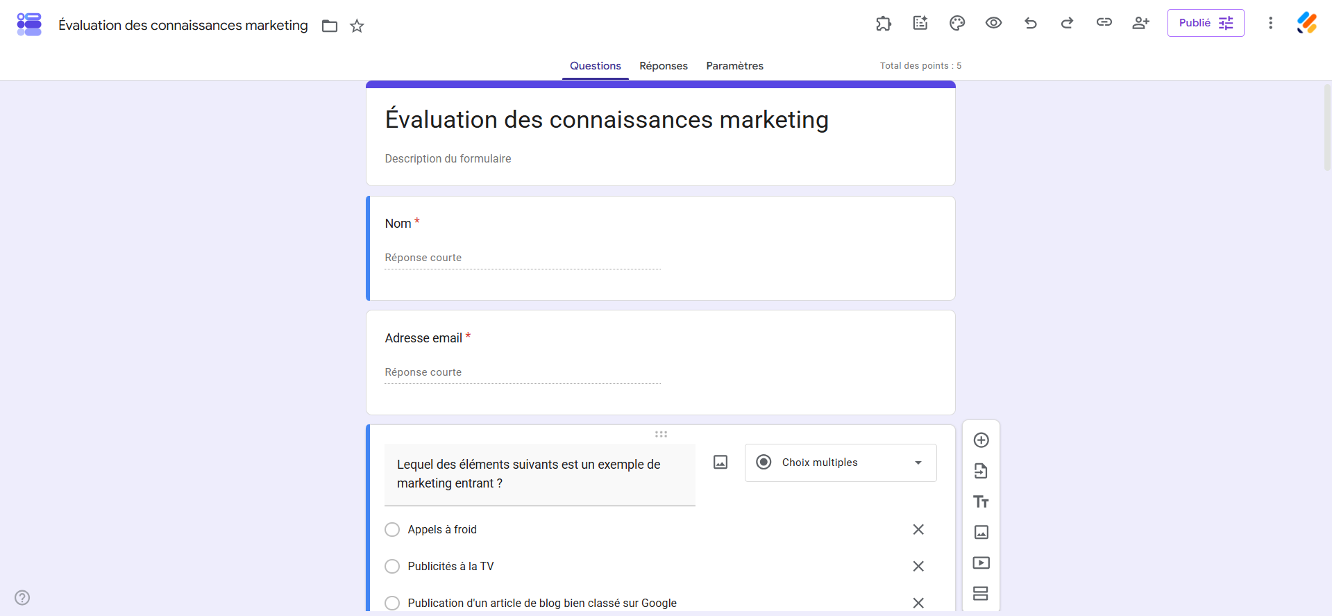 Capture d'écran d'un formulaire Google dans l'interface de Google Forms