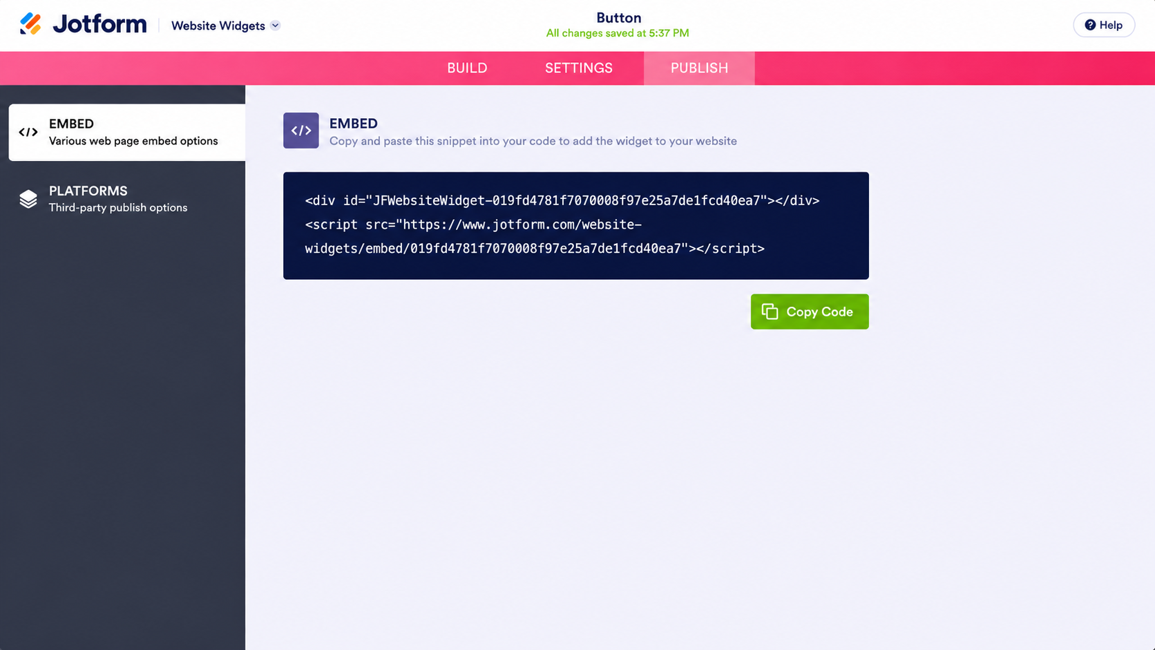 Jotform Website Widgets editor displaying the Publish > Embed page for a Button widget