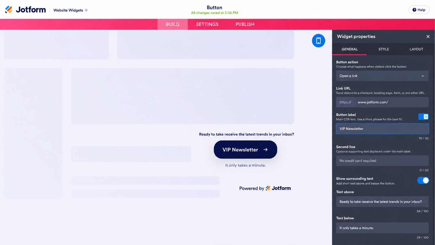 Jotform Website Widgets Button editor showing the General settings panel with options for button action, link URL, button label, supporting text, and a preview of a centered "VIP Newsletter" button with descriptive text above and below