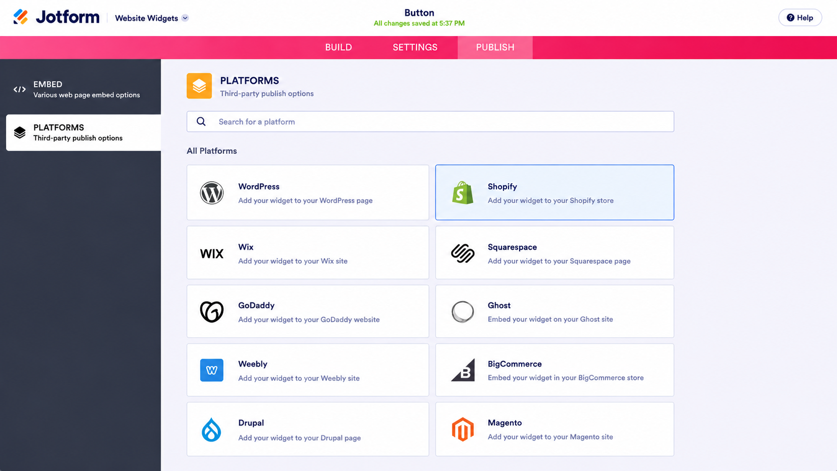 Jotform Website Widgets editor displaying the Publish > Platforms page for a button widget
