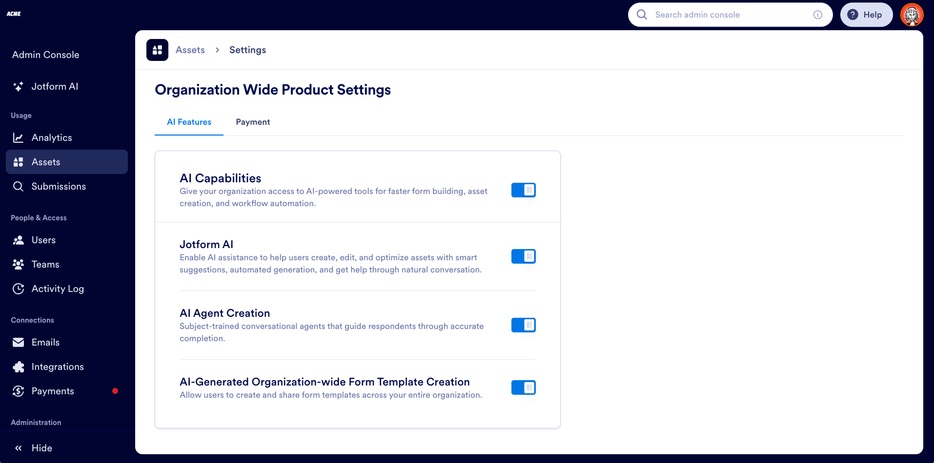 Viewing the Assets tab under the Settings in Admin Console