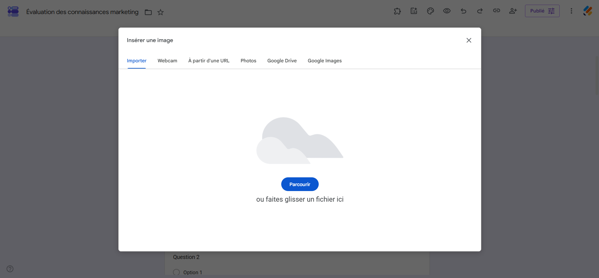 Capture d'écran de la fenêtre modale Insérer une image dans Google Forms