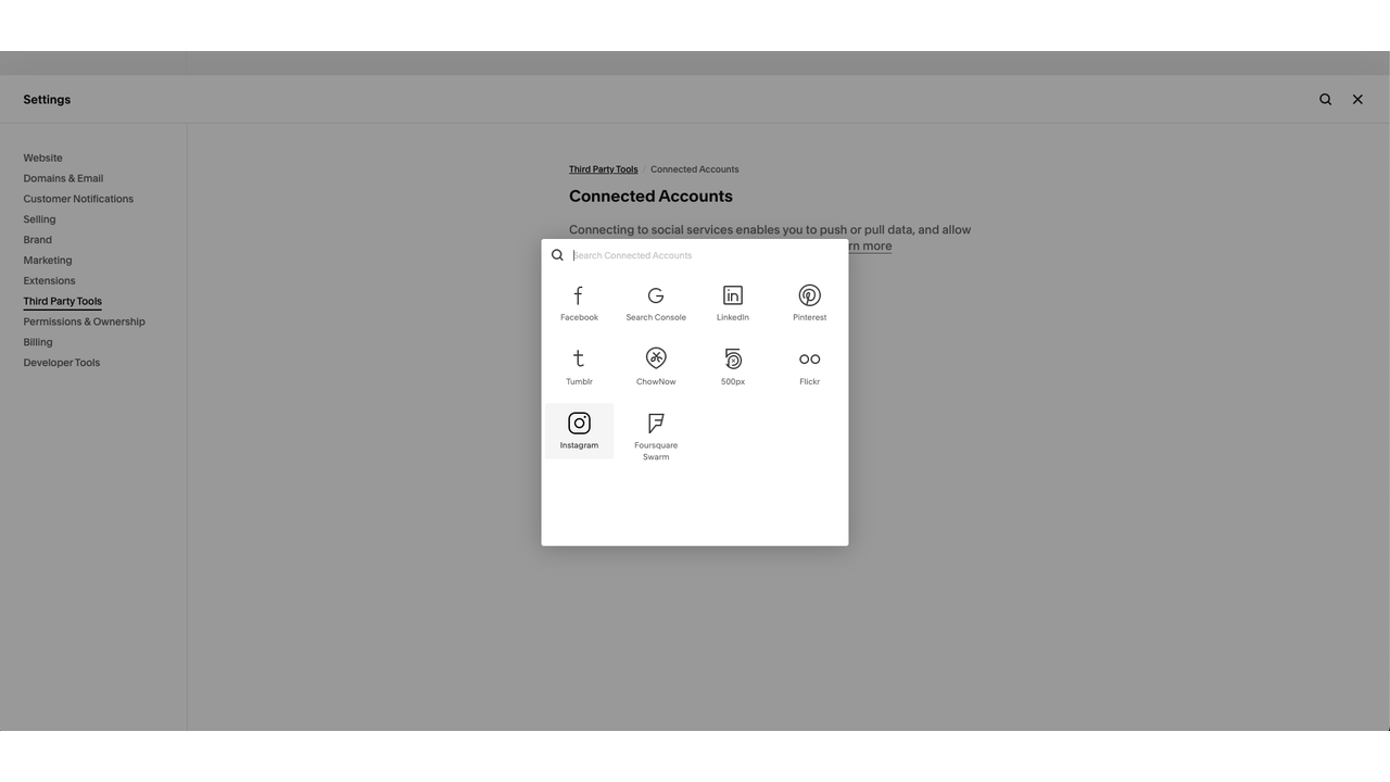 Squarespace Connected Accounts window showing available social media platforms that can be linked to the Social Feed widget