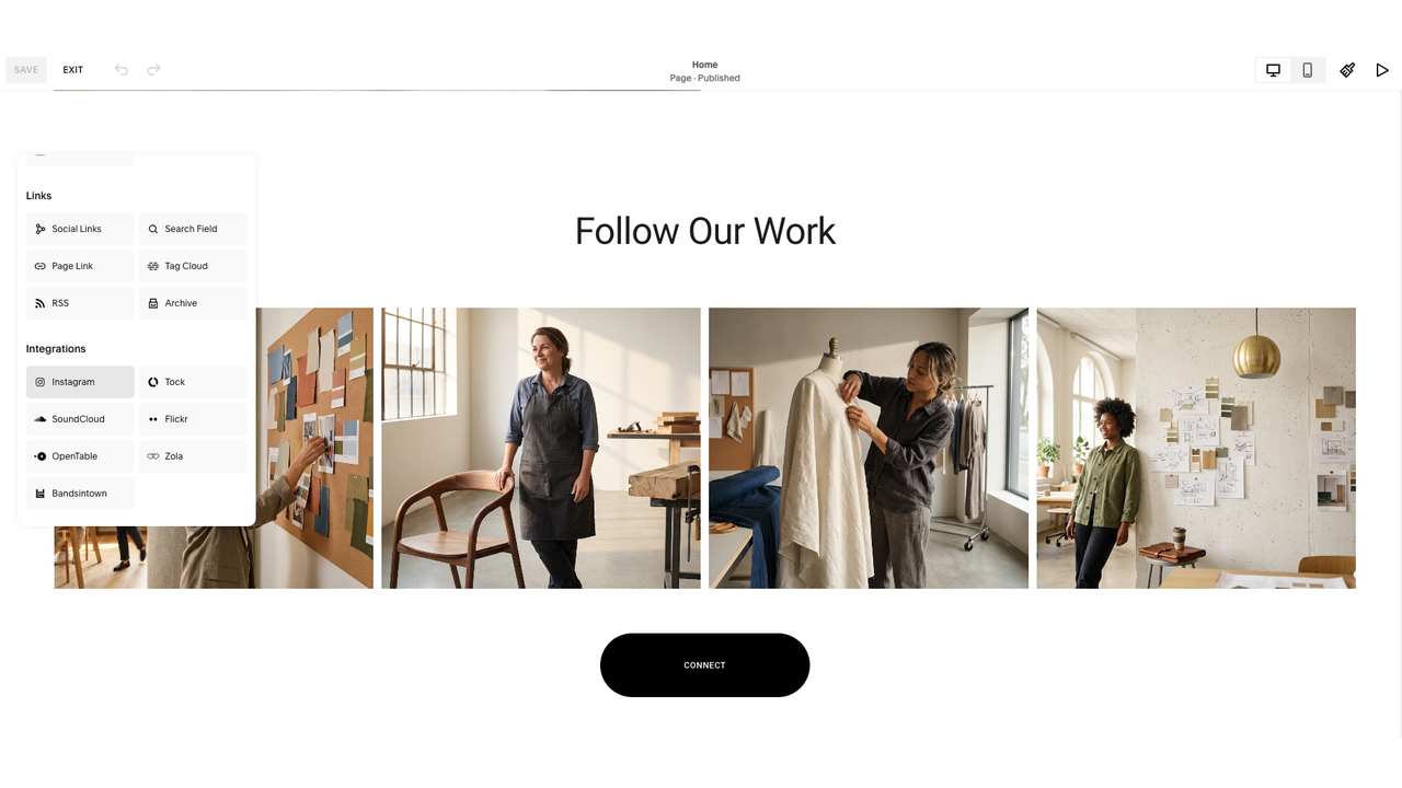 Squarespace website editor displaying a Social Feed section with an Instagram integration and image gallery added to the page