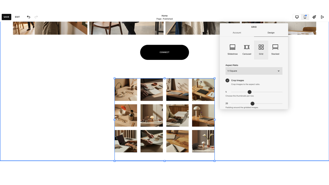 Squarespace website editor showing the Social Feed grid layout settings, including display style, aspect ratio, and image spacing options