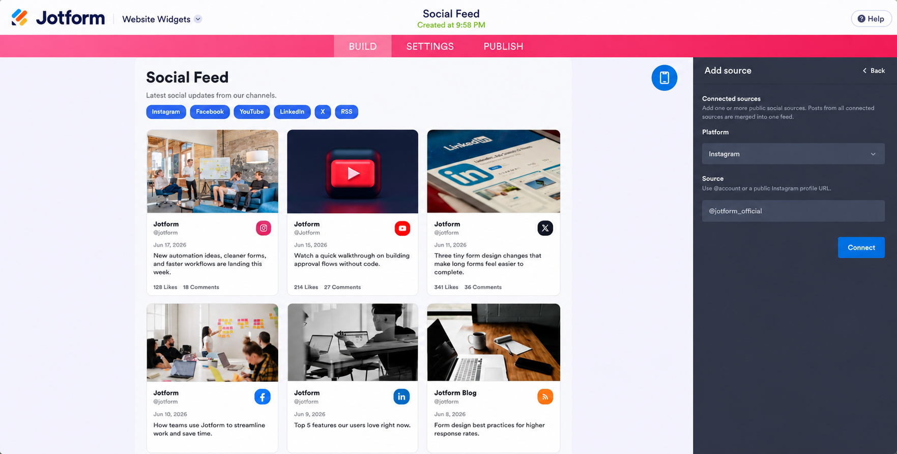 Jotform Social Feed widget builder displaying connected social posts with the sidebar open to configure and connect social media sources