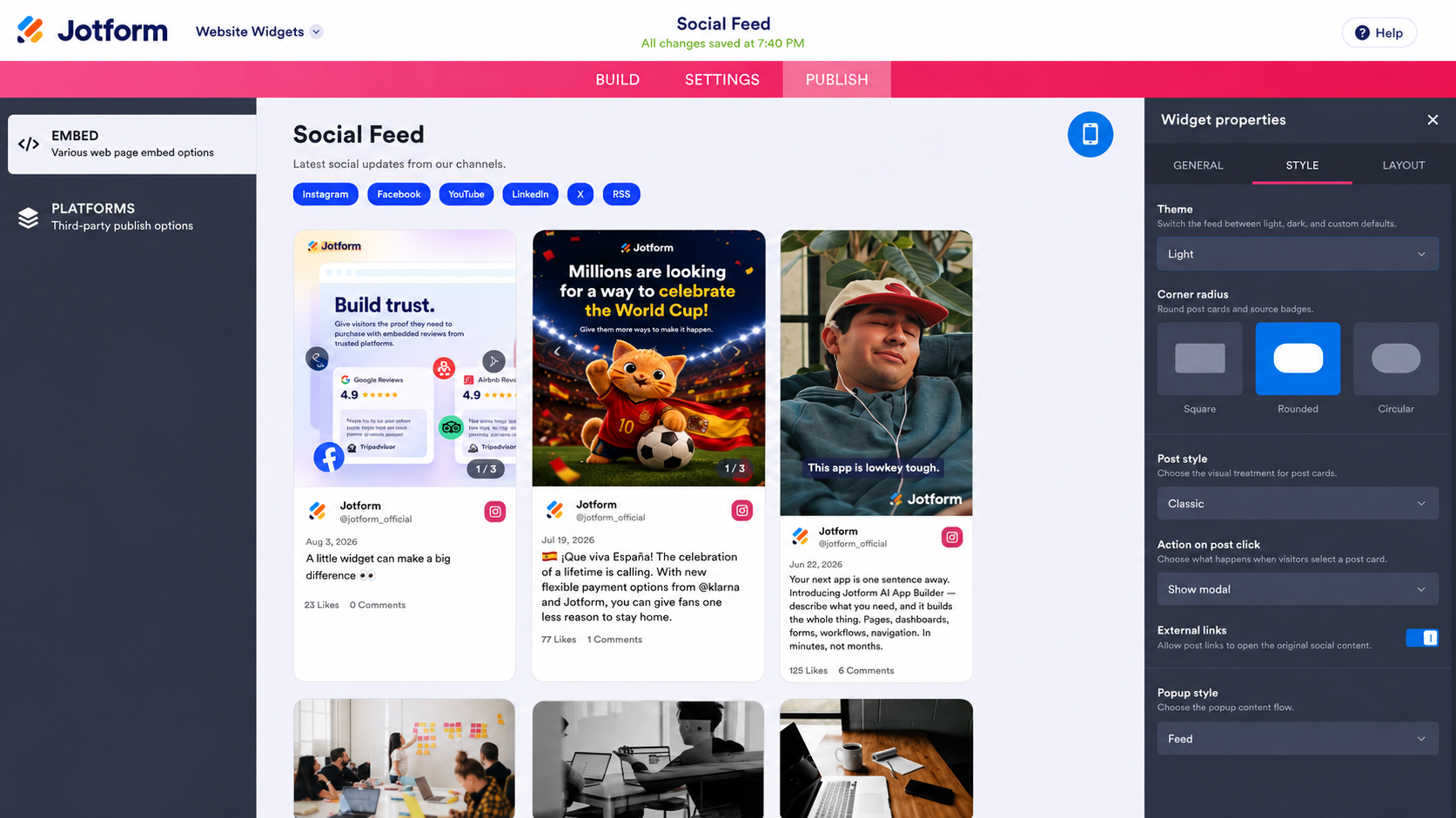 Jotform Social Feed widget builder showing a live preview of social media posts alongside the Style settings panel, including theme, corner radius, post style, modal behavior, external links, and popup options