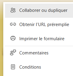 Capture d'écran des options du menu Partager de Microsoft Forms