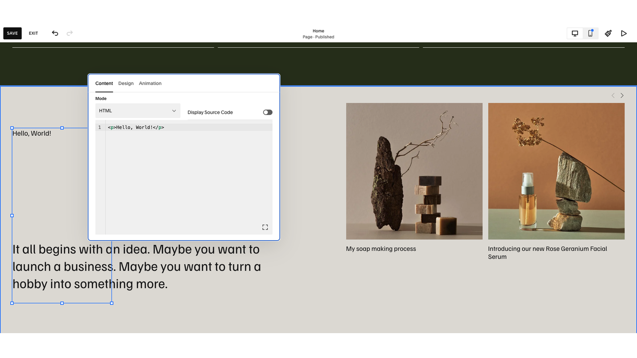 Squarespace website editor showing an HTML content panel with a “Hello, World!” example, alongside a page layout featuring text content and two product images