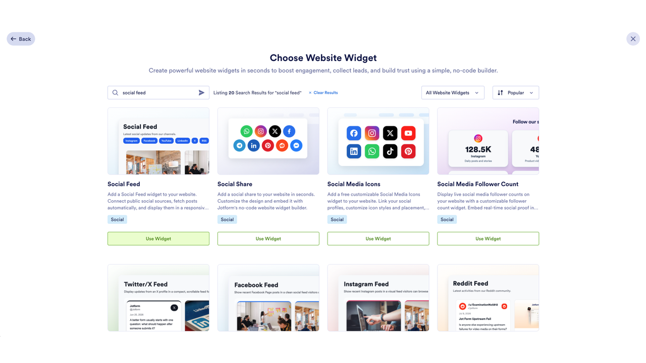 Jotform Website Widget gallery with social feed search results, highlighting the Social Feed widget and related social media widgets