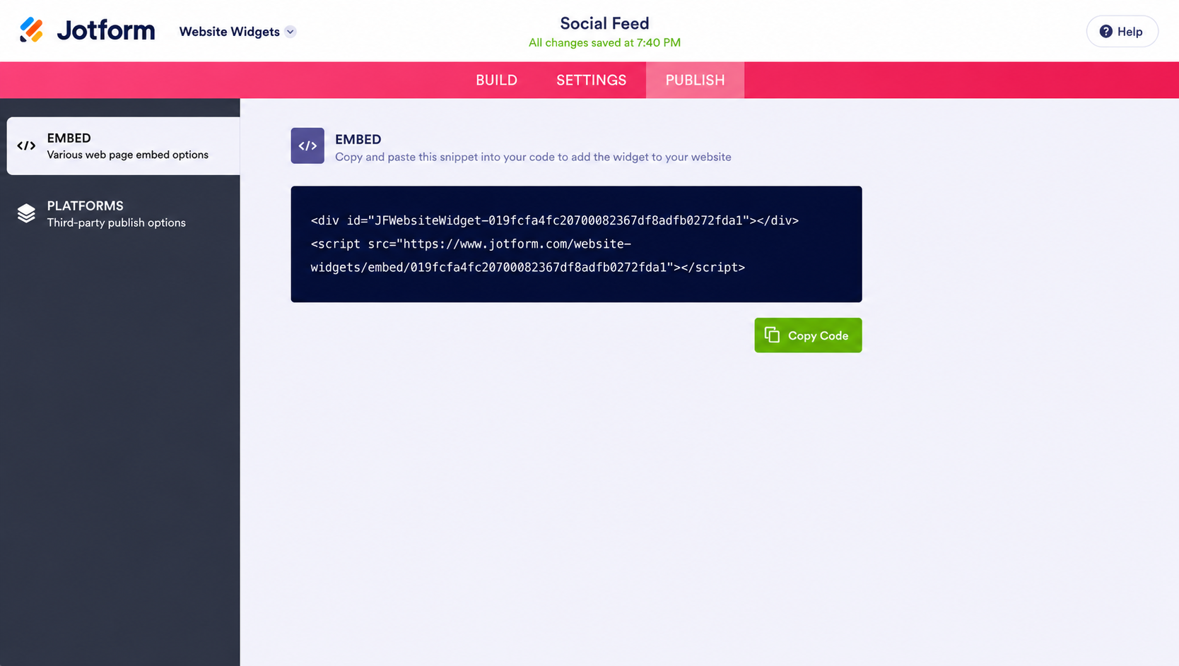 Jotform Social Feed widget embed page displaying the HTML embed code and a green “Copy Code” button for adding the widget to a website