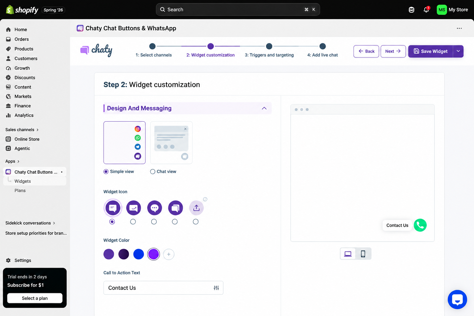 Chaty widget customization settings in Shopify