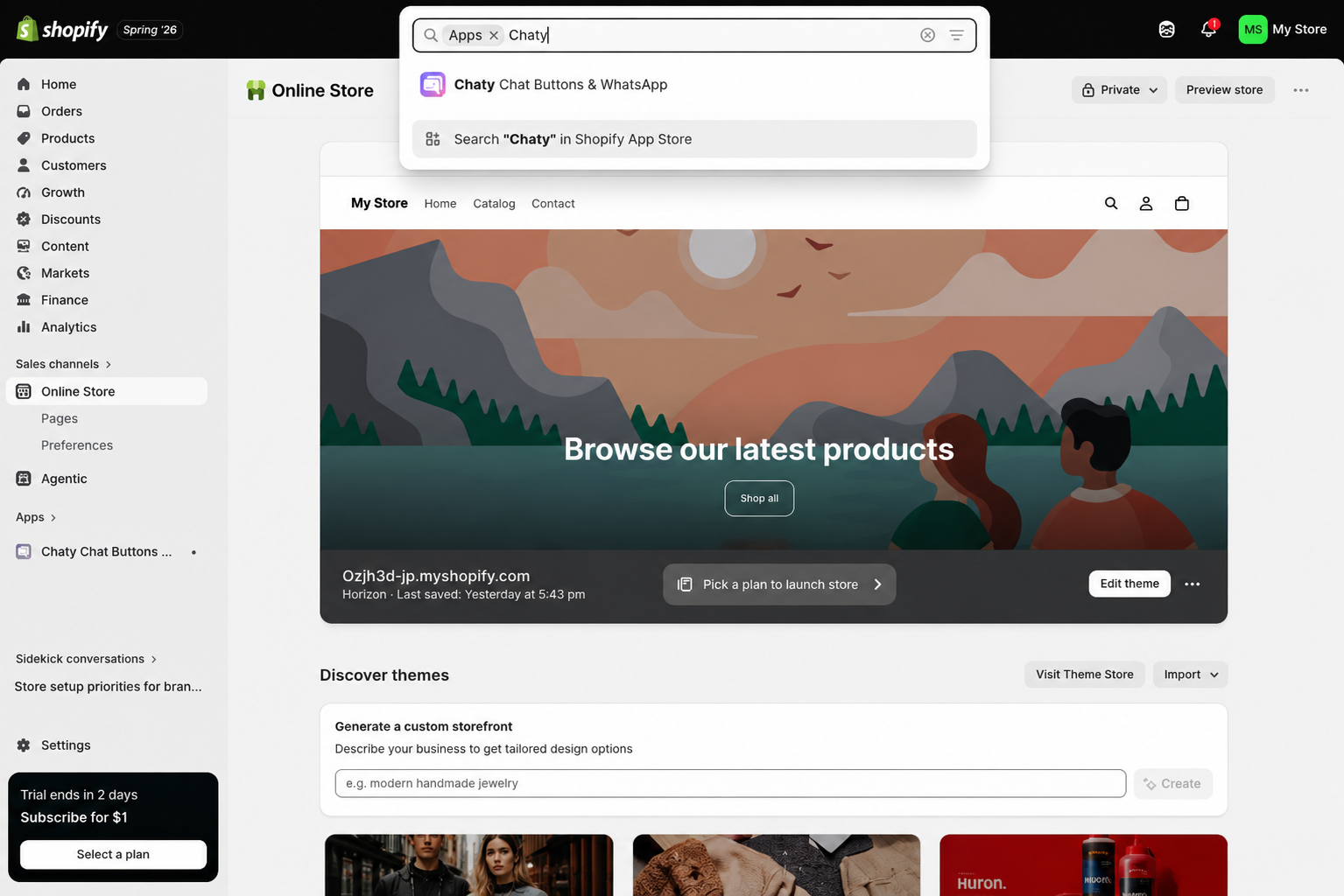 Shopify admin search showing the Chaty app