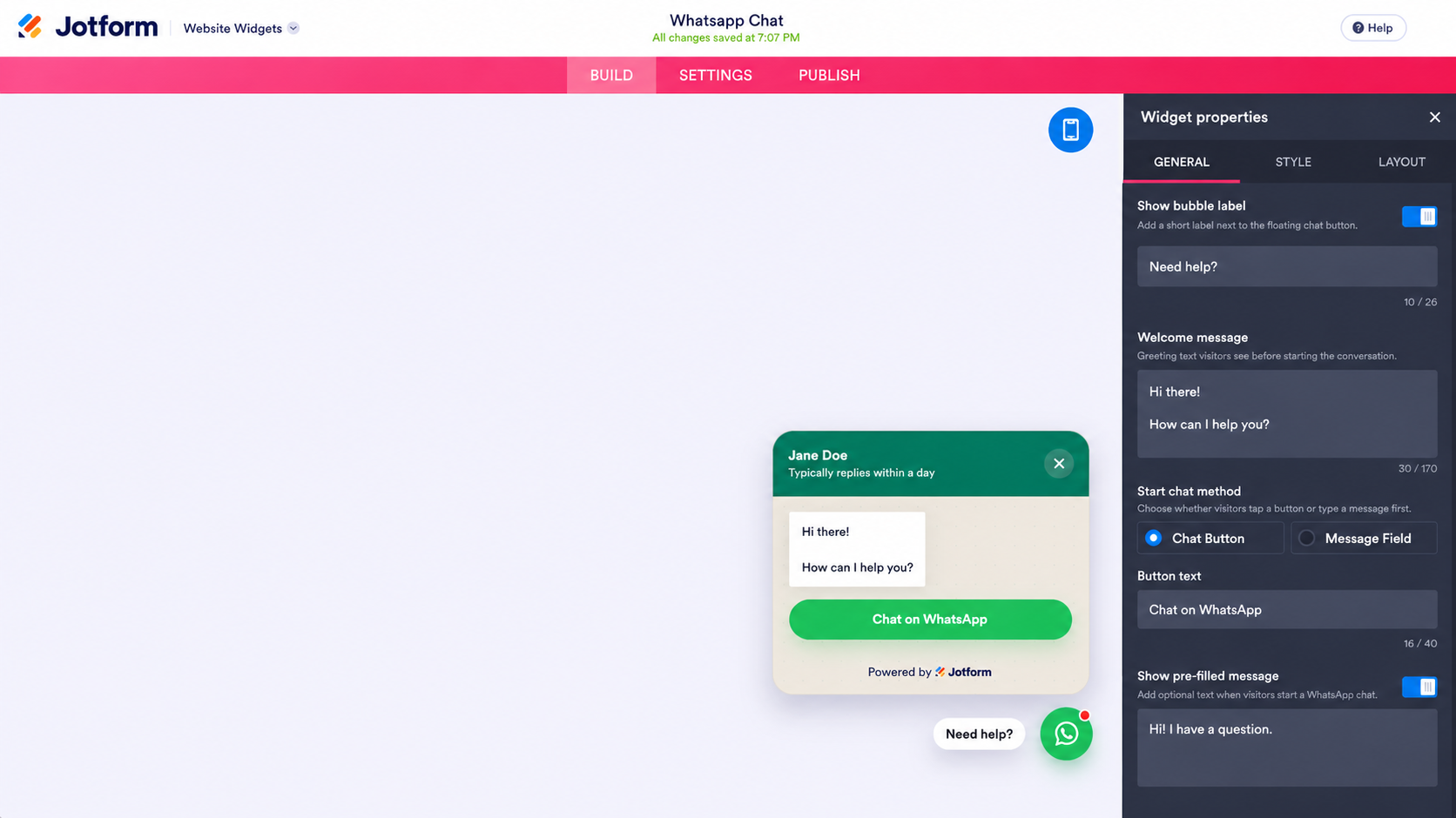 Jotform WhatsApp Chat widget settings with chat preview and messaging options