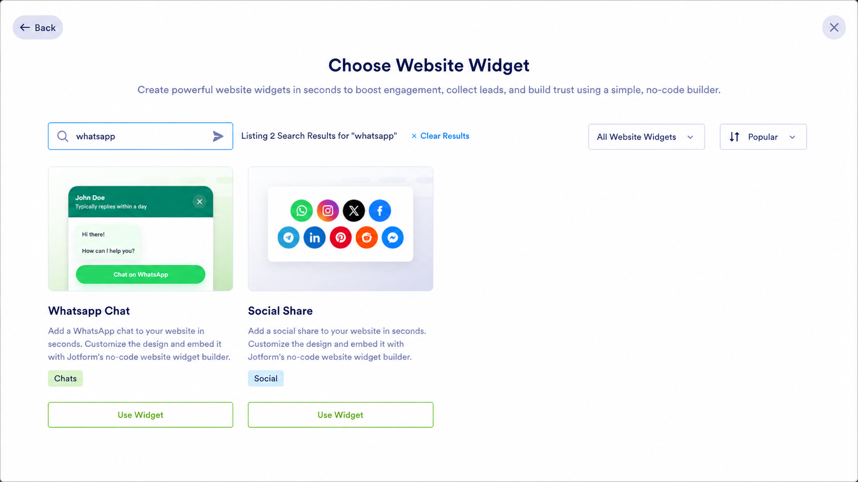 Jotform Website Widget search showing WhatsApp Chat and Social Share options
