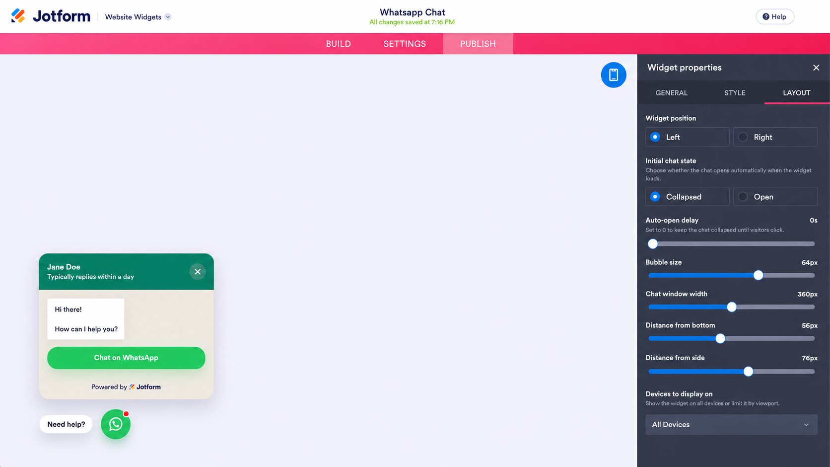 Jotform WhatsApp Chat layout settings with widget position and sizing controls