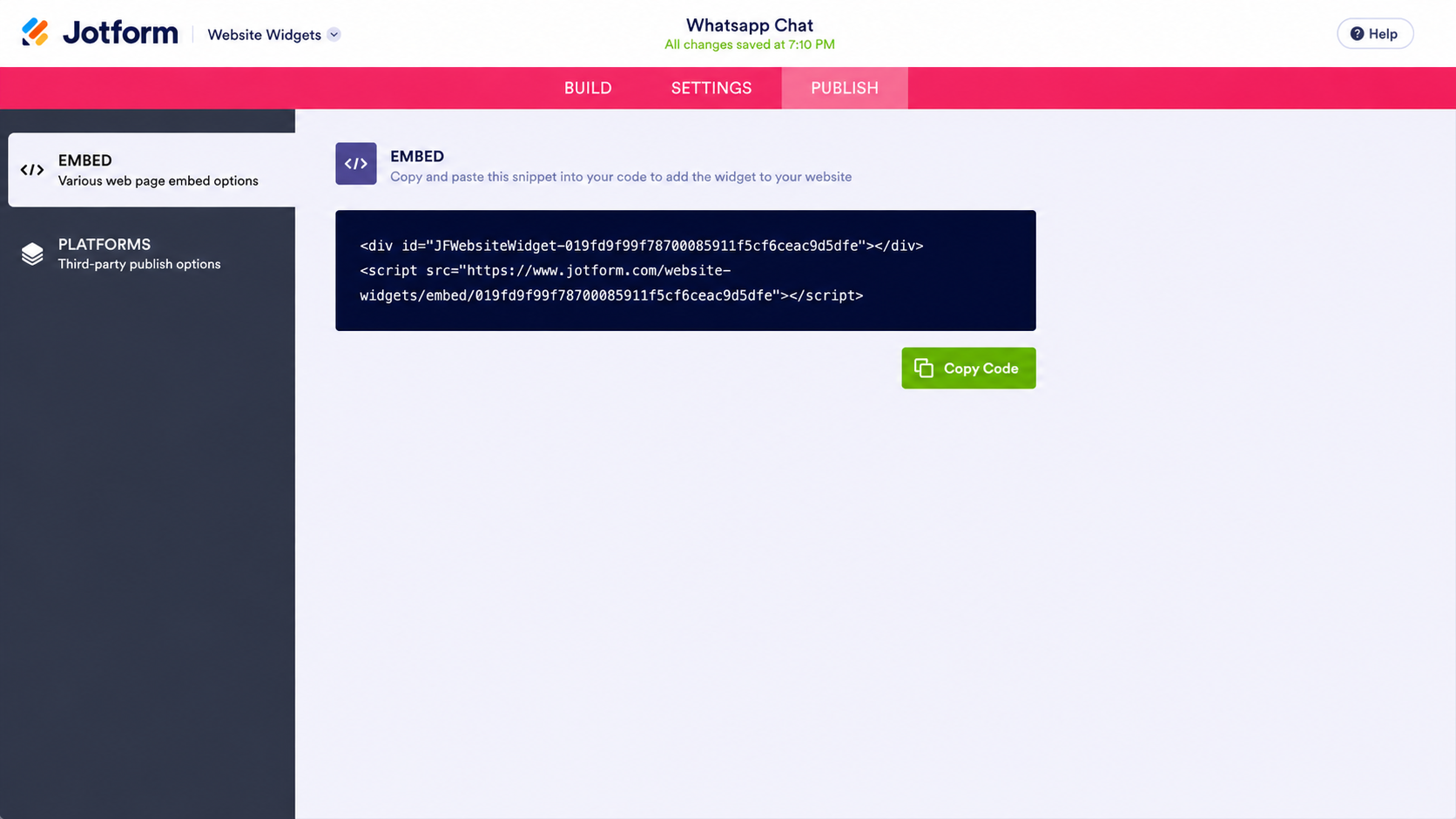 Jotform WhatsApp Chat publish screen showing embed code and Copy Code button
