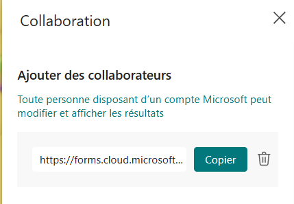 Capture d'écran du lien et du bouton Copier du volet Collaboration de Microsoft Forms