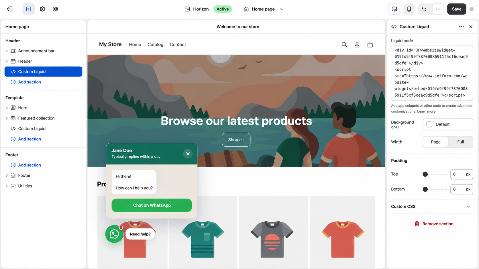 Shopify theme editor showing an embedded WhatsApp chat widget on the storefront