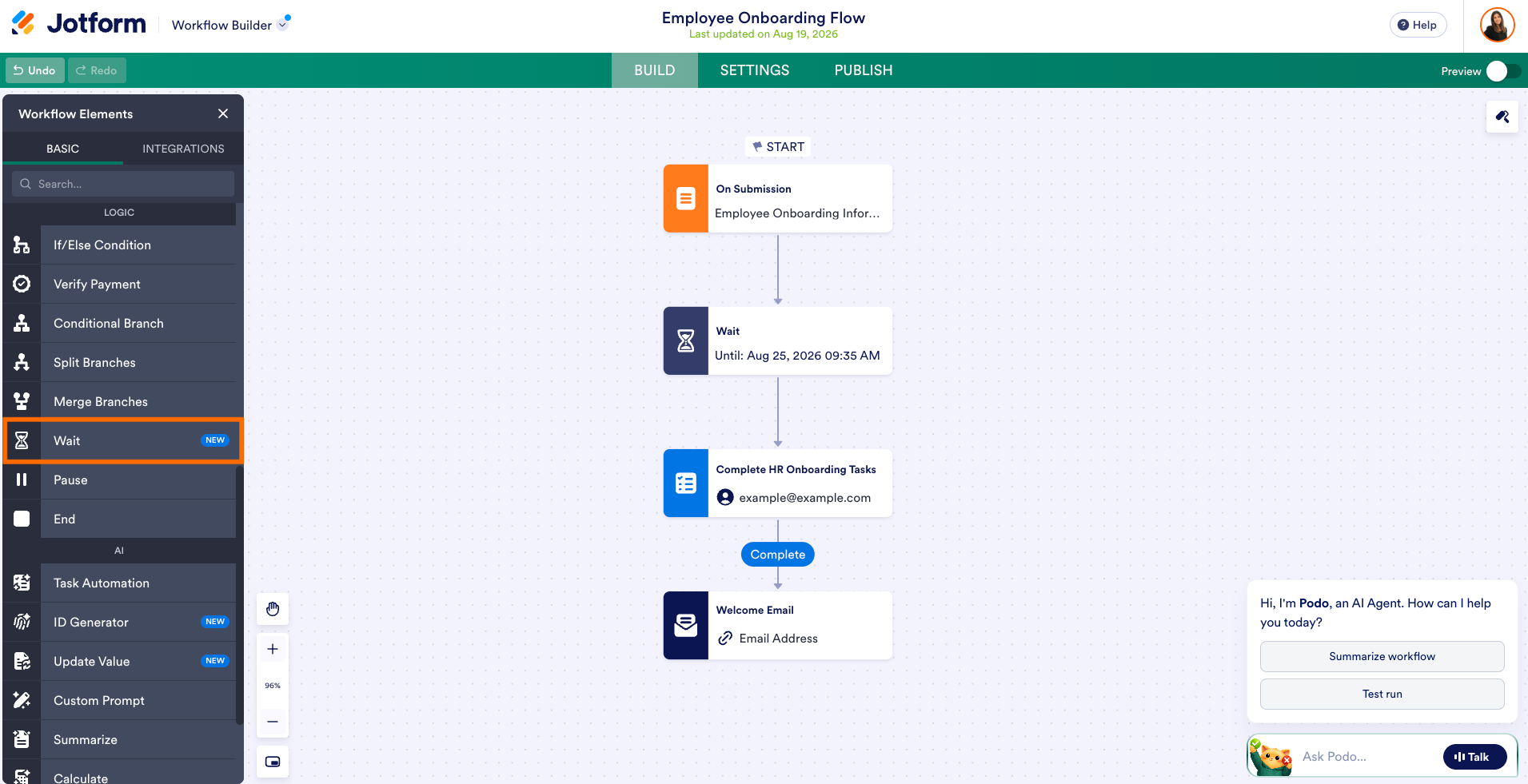 Clicking on the Wait option under the Workflow Elements