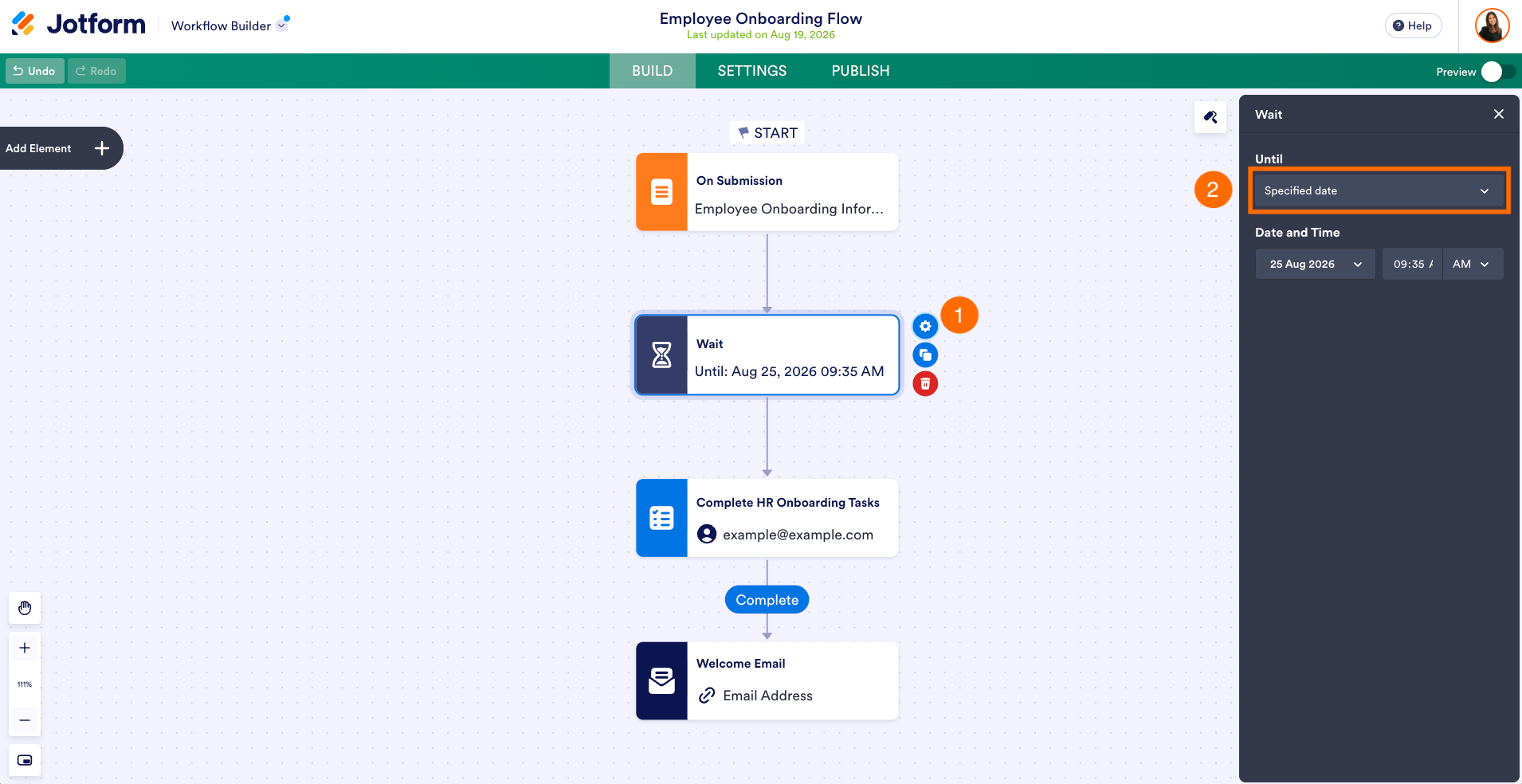 Selecting a specified date under the Wait settings in Workflow Builder