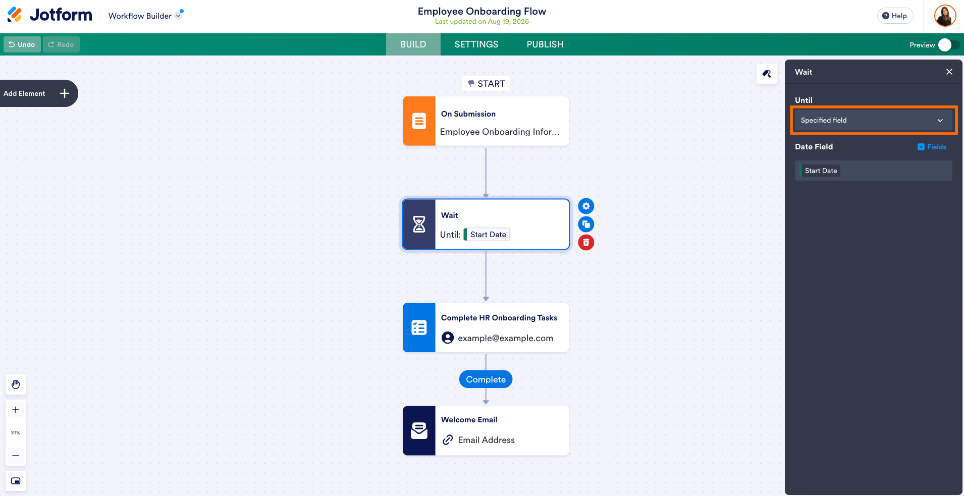 Selecting the time until "before/after a date field" under the Wait settings in Workflow Builder