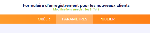 Capture d'écran des onglets de la barre de navigation orange d'un formulaire dans le Générateur de formulaires Jotform et l'onglet Paramètres sélectionné