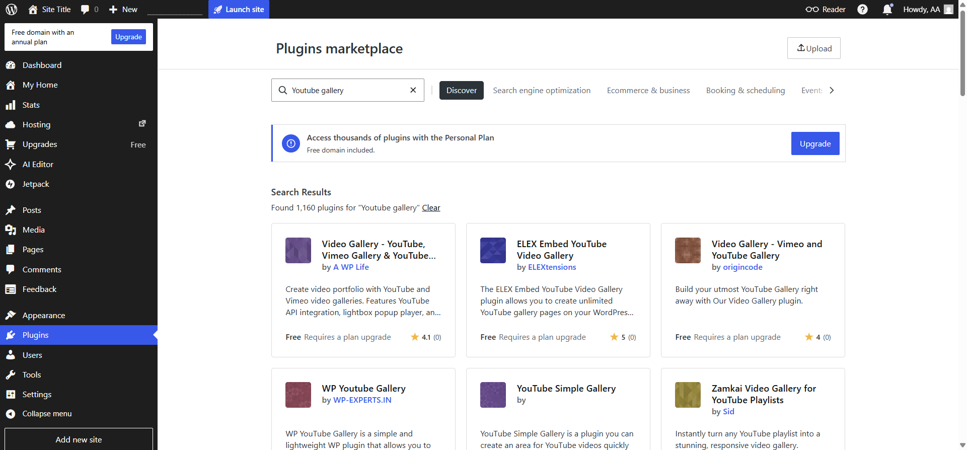 WordPress Plugin Directory showing search results for "YouTube gallery"