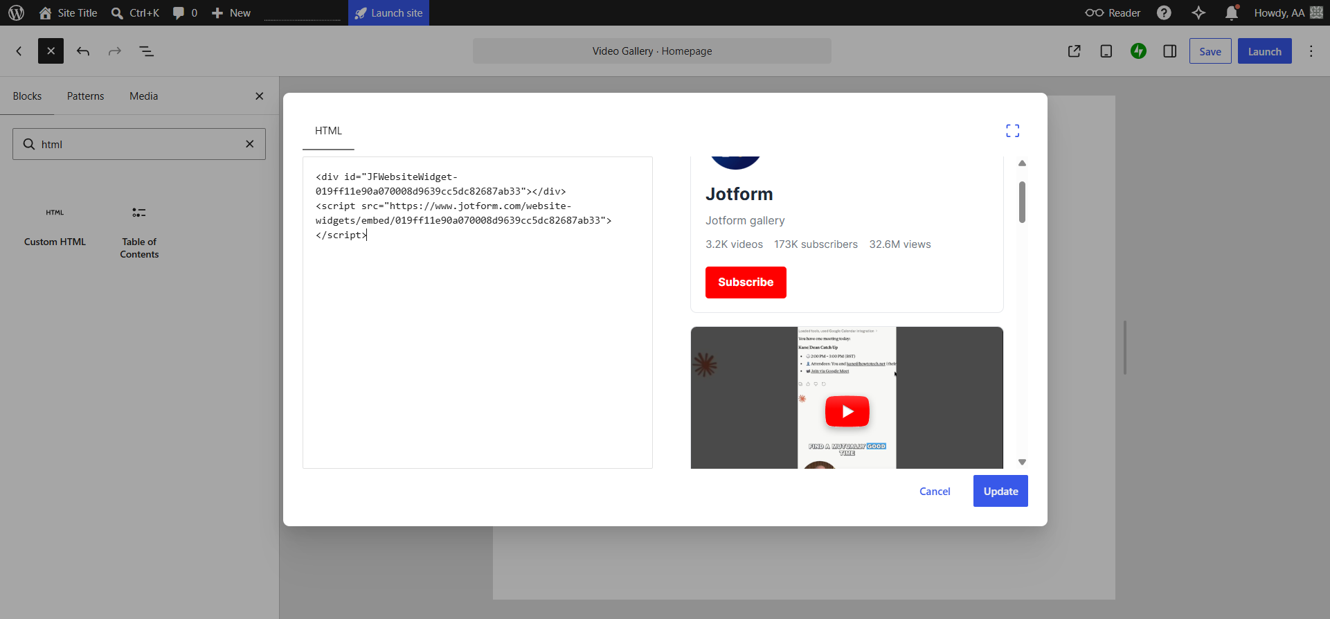 WordPress interface showing the Jotform YouTube Gallery Widget embed code pasted into a Custom HTML block