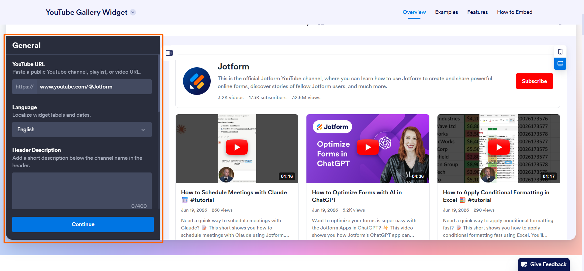 Jotform YouTube Gallery Widget interface showing the General settings and a preview of the WordPress YouTube gallery