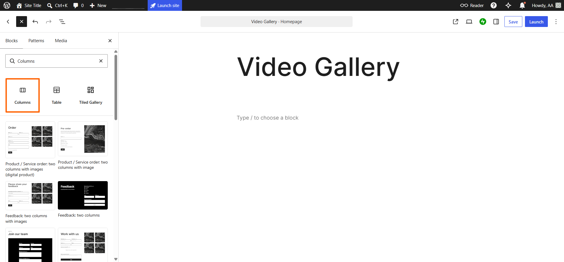 WordPress interface with the Columns option highlighted in the Blocks menu