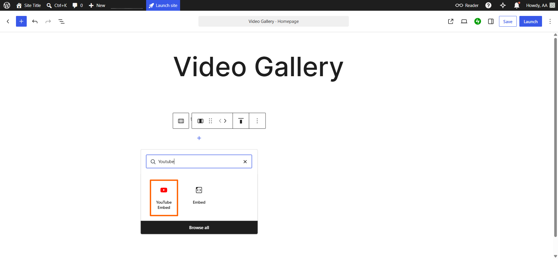 WordPress interface with the YouTube Embed block highlighted in the popup Block Inserter